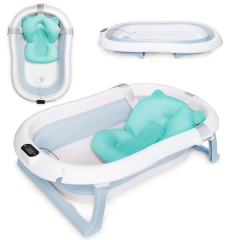 moovkee. Baby Badewanne Faltbar mit Thermometer und Badekissen - Faltbare Badewanne Baby 80cm - Babywanne Einsatz - Babybadewanne Neugeborene Baby - Wanne Set Neugeboren - Baby Bathtub