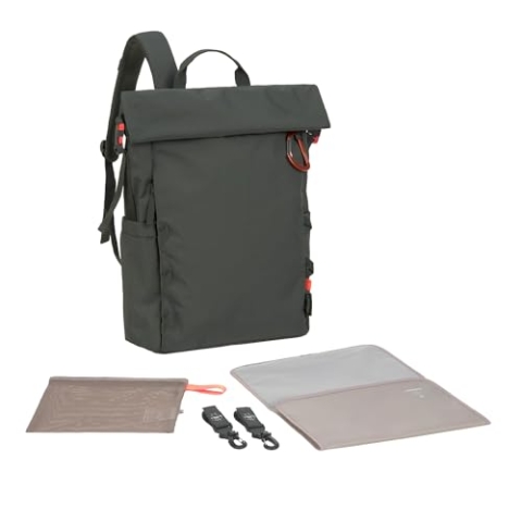 LÄSSIG Baby Wickelrucksack Wickeltasche Rucksack mit Wickelunterlage, Kinderwagenbefestigung, Flaschenhalter nachhaltig produziert/GRE Outdoor Rolltop Backpack dark olive