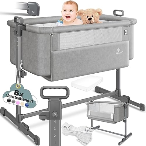KESSER® Zustellbett Hubi 3in1 Baby Beistellbett Reisebett Babybett mit weich Matratze mit Rollen Kinderbett 5-Fach Höhenverstellung Faltbare Seitenwand für Zuhause und Unterwegs + Spanngurt Hellgrau