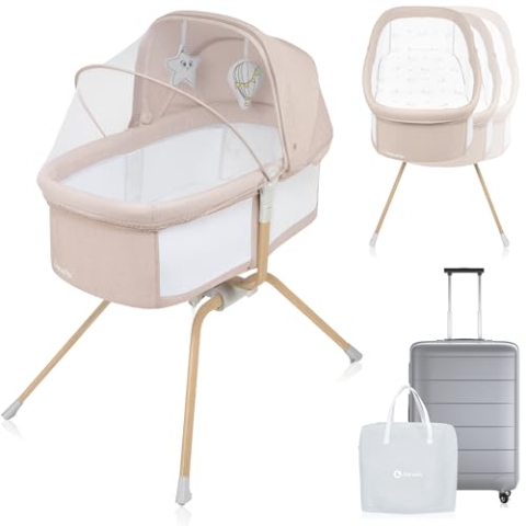 Lionelo Malin Evo Babywiege, Reisebett für Babys mit Matratze, Kinderreisebett, Reisegitterbett, von 0 bis 9 kg, Vordach, Moskitonetz, klappbar, Schaukelsystem, Liegeverstellung, schnelle Montage