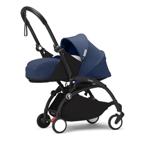 Stokke YOYO3 Gestell (Schwarz) mit 0+ Neugeborenen Set (Air France Blue) - Inklusive Matratze, Fünfpunktgurt, ausziehbarem Verdeck, gepolsterte Schultergurte & schützende Aufbewahrungstasche