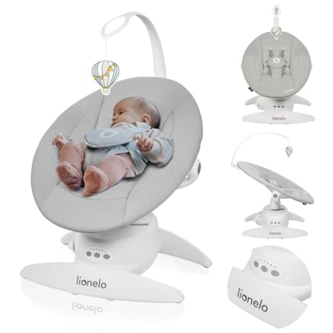 LIONELO Iris Elektrisch Babywippe 360o drehbar für Babys bis zu 9 kg Verstellbare Rückenlehne, 5 Wiegegeschwindigkeiten Rutschfester Sicherheitsgurt, 12 Melodien Bügel mit Spielzeug Fernbedienung