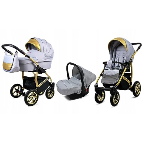 BabyLux® Bambimo Kinderwagen Set 3 in 1 - Gold Lux - incl. Babywanne, Buggy Sportsitz, Auto-Babyschale - Autositz - Kinderwagenset - Kombikinderwagen mit Wickeltasche, Regenschutz usw.