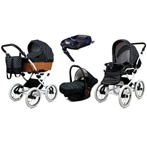 BabyLux Kinderwagen 4in1 mit Autositz für Kleinkinder – Kinderwagen für Neugeborene und Kleinkinder –– Baby Neugeborenen Kinderwagen – ISOFIX Autositzbasis – Max 15kg – White Dots White Frame