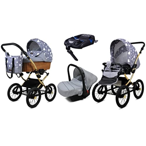 BabyLux Kinderwagen 4in1 mit Autositz für Kleinkinder – Kinderwagen für Neugeborene und Kleinkinder –– Baby Neugeborenen Kinderwagen – ISOFIX Autositzbasis – Max 15kg – Silver Hearts Gold Frame