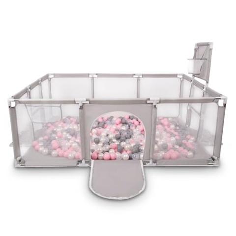Selonis Laufstall Baby Großer Spielplatz Mit 100 Bälle Laufgitter Für Kinder, Grau:Perle/Grau/Transparent/Puderrosa