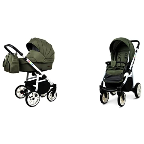 BabyLux Color Lux 2-in-1 Baby Kinderwagen Tief und Kinderwagen mit Zubehör Verstellbar und faltbar Aluminiumkonstruktion Wasserdichte Nicht abnehmbare Räder Olive White Frame