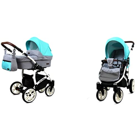 BabyLux Optimal 2-in-1 Baby Kinderwagen Tief und Kinderwagen mit Zubehör Verstellbar und faltbar Aluminium Konstruktion Wasserdicht Nicht abnehmbare Räder Silver Stone White Frame