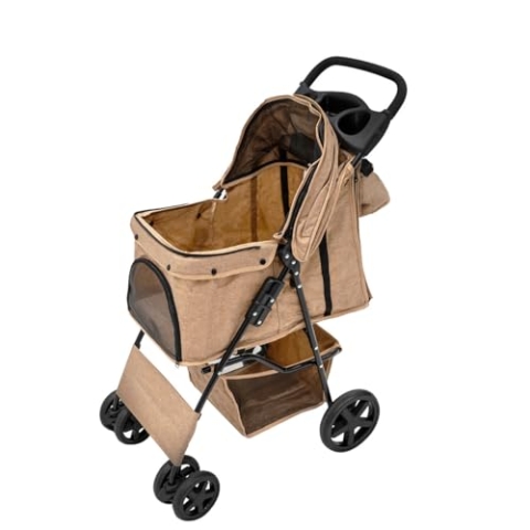 Haustierwagen mit der Fronttasche, abnehmbar, beige, faltbarer Träger, 15 kg Kapazität, Räder, Bremsen, Netzfenster, Korb, Getränkehalter, Taschen und wasserdichter Regenschutz