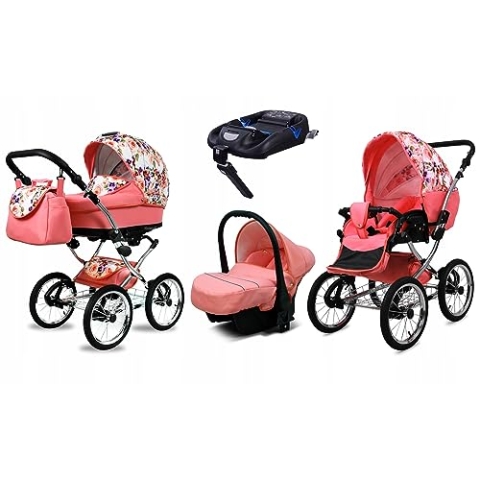 BabyLux® Kinderwagen Set 4 in 1 - Margaret Exclusive - incl. Babywanne, Buggy Sportsitz, Auto-Babyschale, ISOFIX-Basisstation - Autositz - Kinderwagenset - Kombikinderwagen mit Wickeltasche usw.