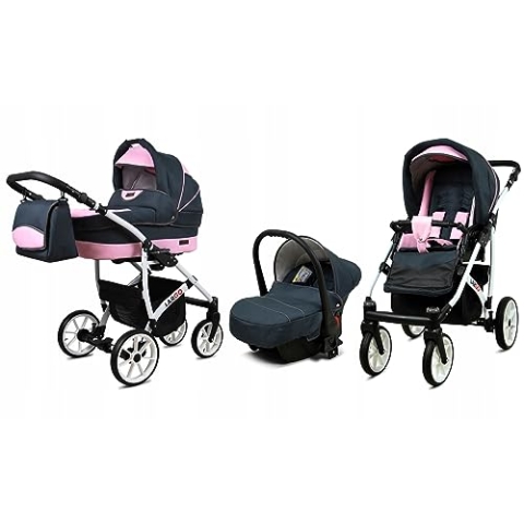 BabyLux® Bambimo Kinderwagen Set 3 in 1 - Largo - incl. Babywanne, Buggy Sportsitz, Auto-Babyschale - Autositz - Kinderwagenset - Kombikinderwagen mit Wickeltasche, Regenschutz usw.