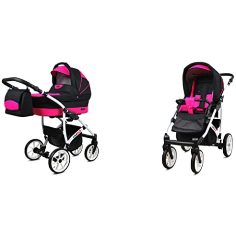 BabyLux Largo 2-in-1 Baby Kinderwagen Tief und Kinderwagen mit Zubehör Verstellbar und faltbar Aluminiumkonstruktion Wasserdicht Nicht abnehmbare Räder Black Moro