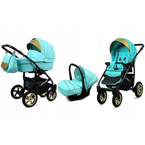 BabyLux® Bambimo Kinderwagen Set 3 in 1 - Gold Lux - incl. Babywanne, Buggy Sportsitz, Auto-Babyschale - Autositz - Kinderwagenset - Kombikinderwagen mit Wickeltasche, Regenschutz usw.