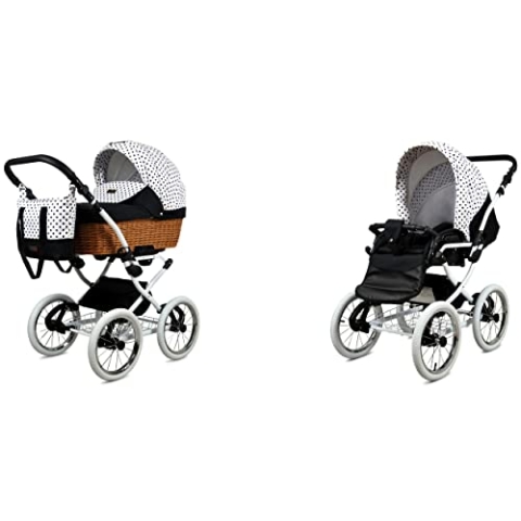 BabyLux ALU 2in1 Kinderwagen für Kleinkinder – Kinderwagen für Neugeborene und Kleinkinder – Baby Neugeborenen Kinderwagen – 59x105x125cm – Max. 15kg – Black Dots White Frame