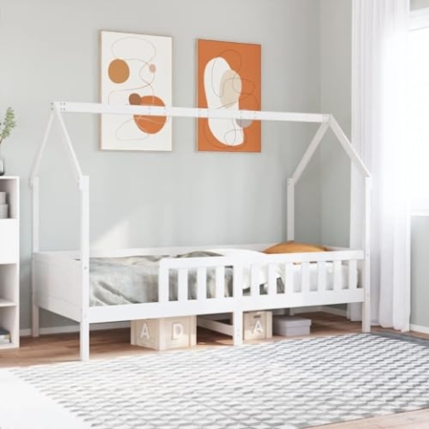 vidaXL Kinderbett, Hausbett mit Rausfallschutz Lattenrost, Spielbett für Jungen Mädchen, Holzbett Bett Kinderzimmer, Weiß 90x200cm Massivholz Kiefer