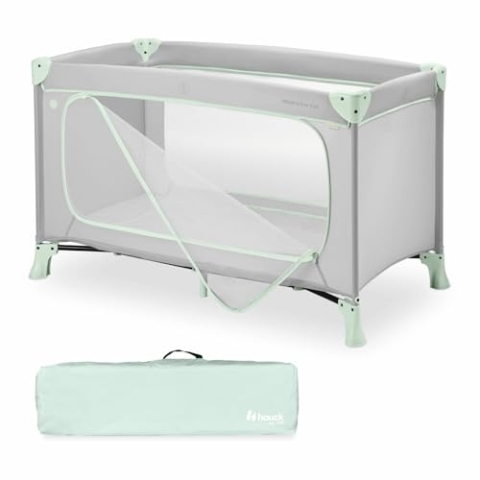 hauck Reisebett Dream N Play Plus, Dusty Mint - Baby Kinder Reisebett mit Tragetasche, Faltboden und Großen Schlupf zum Spielen - ab Geburt bis 15 kg - Klein Zusammenklappbar