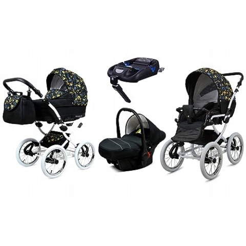 BabyLux® Kinderwagen Set 4 in 1 - Margaret White - incl. Babywanne, Buggy Sportsitz, Auto-Babyschale, ISOFIX-Basisstation - Autositz - Kinderwagenset - Kombikinderwagen mit Wickeltasche usw.