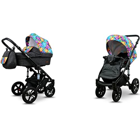 BabyLux® Sky Lark 2-in-1 Baby Kinderwagen Tief und Kinderwagen mit Zubehör Verstellbar und faltbar Aluminiumkonstruktion Wasserdicht Nicht abnehmbare Räder Paint Flowers Black Frame