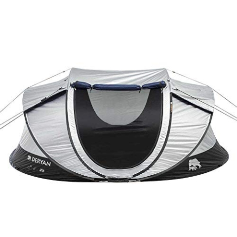 DERYAN Luxe Cocoon Reisezelt - Pop-Up - Aufbau in 2 Sekunden - Anti-UV - geeignet für 4 Personen - Silber/Schwarz