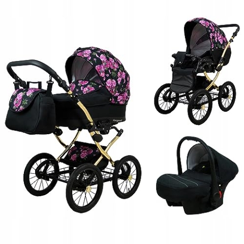 BabyLux® Bambimo Kinderwagen Set 3 in 1 - Margaret Gold - incl. Babywanne, Buggy Sportsitz, Auto-Babyschale - Autositz - Kinderwagenset - Kombikinderwagen mit Wickeltasche, Regenschutz usw.