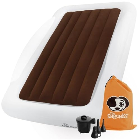 The Shrunks® aufblasbares Reisebett für Kinder mit Rausfallschutz - Beflockte Luftmatratze für Reisen, Übernachtungen, Camping - Weiß/Braunes Beistellbett in Hotels oder zu Hause 152 x 94cm