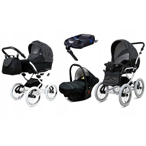 BabyLux® Kinderwagen Set 4 in 1 - Margaret White - incl. Babywanne, Buggy Sportsitz, Auto-Babyschale, ISOFIX-Basisstation - Autositz - Kinderwagenset - Kombikinderwagen mit Wickeltasche usw.