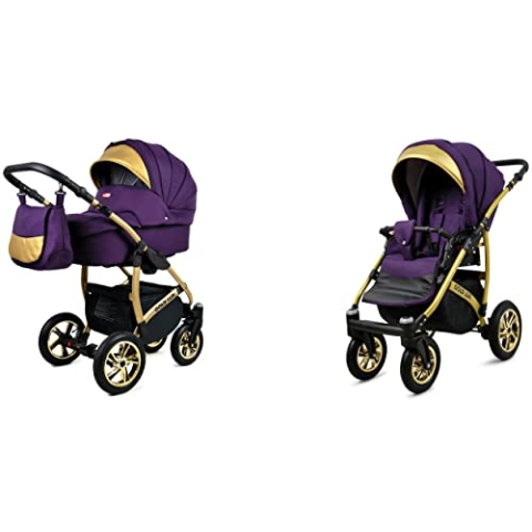 BabyLux Gold Lux 2-in-1 Baby Kinderwagen Tief und Kinderwagen mit Zubehör Verstellbar und faltbar Aluminium Konstruktion Wasserdicht Nicht abnehmbare Räder Royal Purple Gold Frame