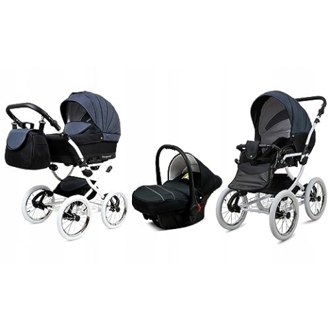 BabyLux® Bambimo Kinderwagen Set 3 in 1 - Margaret - incl. Babywanne, Buggy Sportsitz, Auto-Babyschale - Autositz - Kinderwagenset - Kombikinderwagen mit Wickeltasche, Regenschutz usw.