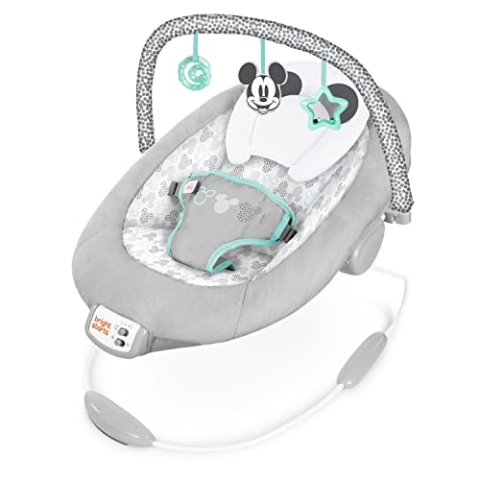 Bright Starts, Disney Baby, Micky Maus Babywippe Babyschaukel mit beruhigenden Vibrationen, Melodien, abnehmbarem Spielbogen, 3 Hängespielzeugen und mehr