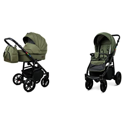 BabyLux Color Lux 2-in-1 Baby Kinderwagen Tief und Kinderwagen mit Zubehör Verstellbar und faltbar Aluminiumkonstruktion Wasserdichte Nicht abnehmbare Räder Olive Black Frame