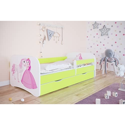 KOCOT KIDS Babybett 2, Prinzessinnen-Motiv, mit Schublade und Matratze, 180/80 cm, Grün