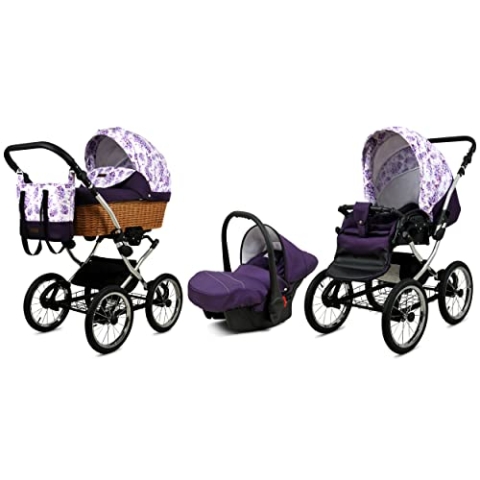 BabyLux Kinderwagen 3in1 mit Autositz für Kleinkinder – Kinderwagen für Neugeborene und Kleinkinder –– Baby Neugeborenen Kinderwagen – 59x105x125cm – Max 15kg – Lilac Flowers Silver Frame