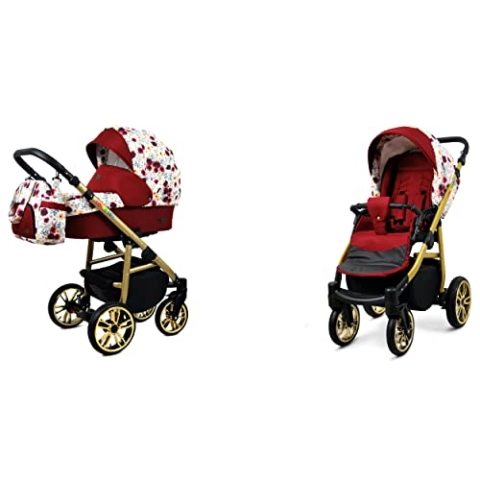 BabyLux Color Lux 2-in-1 Baby Kinderwagen Tief und Kinderwagen mit Zubehör Verstellbar und faltbar Aluminiumkonstruktion Wasserdichte Nicht abnehmbare Räder Meadow Flowers On White Gold Frame
