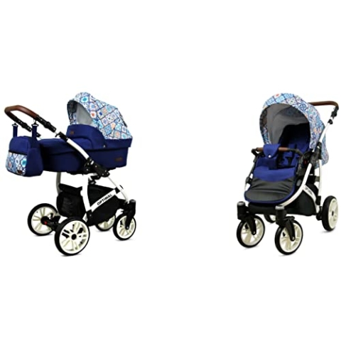 BabyLux Optimal 2-in-1 Baby Kinderwagen Tief und Kinderwagen mit Zubehör Verstellbar und faltbar Aluminium Konstruktion Wasserdicht Nicht abnehmbare Räder Red Tulips White Frame