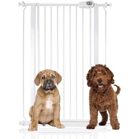 Bettacare Extra Hohes Sicherheitsgitter für Kinder und Hunde, 68.5cm - 75cm, Weiß, Extra Hohes Babygitter von 104cm Höhe, Druckmontage-Sicherheitsgitter für Treppen