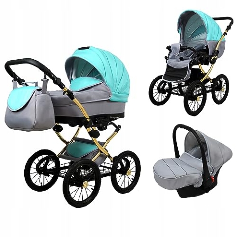 BabyLux® Bambimo Kinderwagen Set 3 in 1 - Margaret Gold - incl. Babywanne, Buggy Sportsitz, Auto-Babyschale - Autositz - Kinderwagenset - Kombikinderwagen mit Wickeltasche, Regenschutz usw.