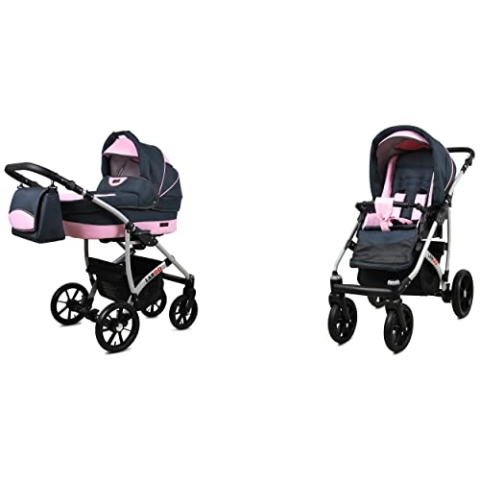BabyLux Largo 2-in-1 Baby Kinderwagen Tief und Kinderwagen mit Zubehör Verstellbar und faltbar Aluminiumkonstruktion Wasserdicht Nicht abnehmbare Räder Latte Beige Silver Frame