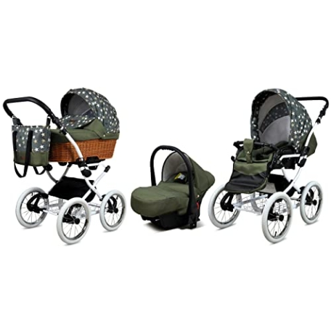 BabyLux Kinderwagen 3in1 mit Autositz für Kleinkinder – Kinderwagen für Neugeborene und Kleinkinder –– Baby Neugeborenen Kinderwagen – 59x105x125cm – Max 15kg – Olive Star White Frame