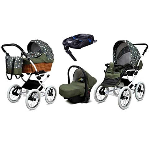 BabyLux Kinderwagen 4in1 mit Autositz für Kleinkinder – Kinderwagen für Neugeborene und Kleinkinder –– Baby Neugeborenen Kinderwagen – ISOFIX Autositzbasis – Max 15kg – Olive Star White Frame