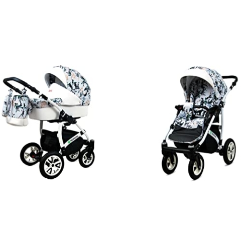 BabyLux Tropical 2-in-1 Bouncing Baby Stroller und Zubehör Kinderwagen Verstellbar und faltbar Aluminium Konstruktion Wasserdicht Nicht abnehmbare Räder Pansies And Roses