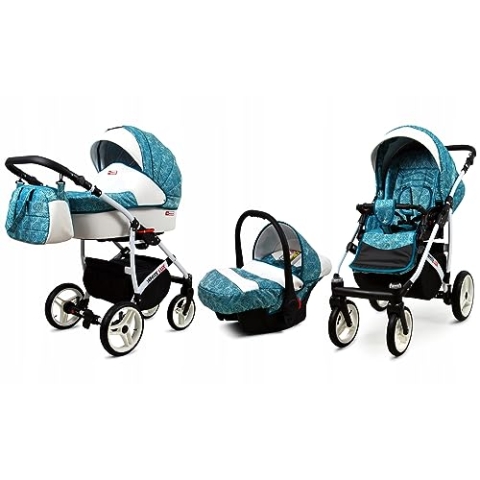 BabyLux® Bambimo Kinderwagen Set 3 in 1 - White Lux - incl. Babywanne, Buggy Sportsitz, Auto-Babyschale - Autositz - Kinderwagenset - Kombikinderwagen mit Wickeltasche, Regenschutz usw.