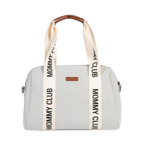 CHILDHOME, Baby Wickeltasche, Mommy Bag, Inklusive Wickelunterlage, Viele Fächer, Kinderwagenbefestigung, Schultergurt, Baumwolle, 22L, Mommy Club Signature, Ecru