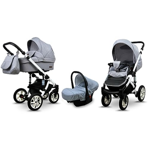 BabyLux® Bambimo Kinderwagen Set 3 in 1 - Sky Lark - incl. Babywanne, Buggy Sportsitz, Auto-Babyschale - Autositz - Kinderwagenset - Kombikinderwagen mit Wickeltasche, Regenschutz usw.