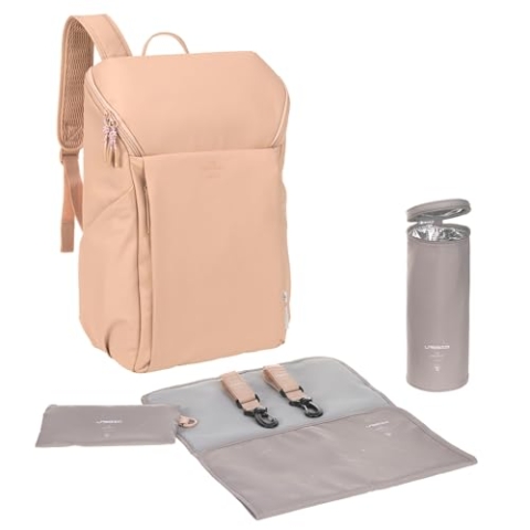 LÄSSIG Baby Wickelrucksack mit Wickelunterlage, Kinderwagenbefestigung und Flaschenhalter/GRE Slender Up Backpack camel