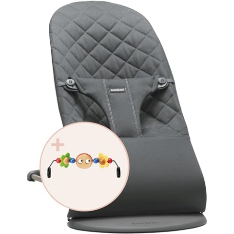 BabyBjörn Babywippe Bliss, Gewebt, Klassische Steppung, Anthrazitgrau mit Spielzeug für Babywippe, Fröhliche Augen