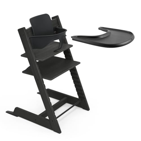 Stokke Tripp Trapp Eiche Hochstuhl (Black) mit Stokke Tray (Black) - Beinhaltet Tripp Trapp Stuhl, Baby Set 2 und Stokke Tray - Verstellbar, ergonomisch und leicht zu reinigen