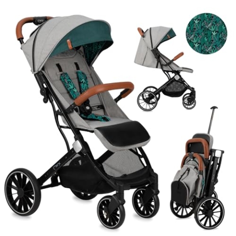 MoMi ESTELLE DAKAR Kinderwagen ab 6. Monat (bis 22 kg), klappbarer Buggy mit 5-Punkt-Sicherheitsgurt, Einkaufskorb und Liegefunktion, Teleskop-Stange zum Ziehen, steht nach dem Zusammenklappen Jungle
