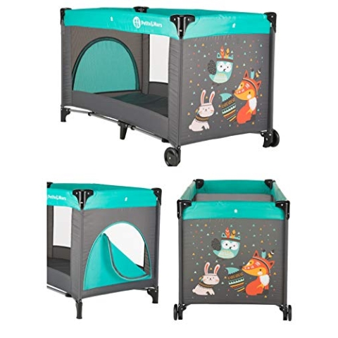 PM Petite&Mars Kinderreisebett KOOT * 120x60 * Babybetten, Kinderbett, Reisebett * Räder, tragbar, faltbar, Tasche * Modernes Design (Fox Aqua)