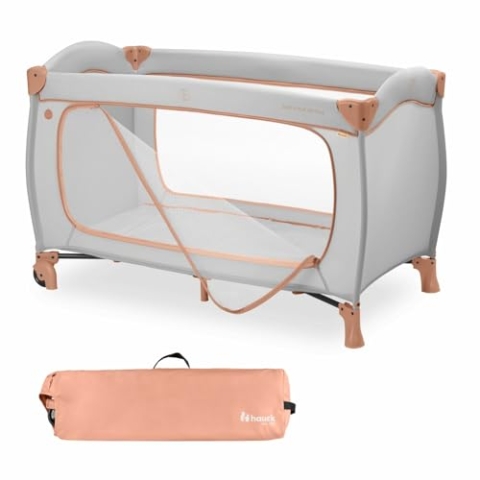 hauck Kinderreisebett Sleep N Play Go Plus mit Transporttasche und Großen Schlupf zum Spielen, Klein Zusammenklappbar, Baby Reisebett Kleinkind ab Geburt bis 15 kg (Dusty Cork)