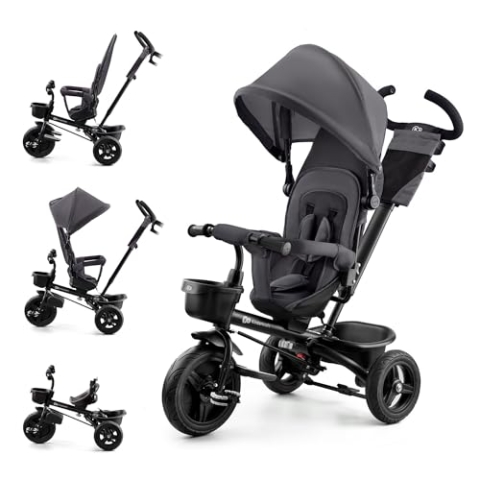 Kinderkraft Aveo Dreirad ab 9 Monate bis 25 kg, Kinderdreirad mit schubstange, Kompakte zusammenklappen, drehbarer Sitz, ausklappbarem Verdeck mit Sonnenschutz, Getränkehalter Korb im Set, Dunkelgrau
